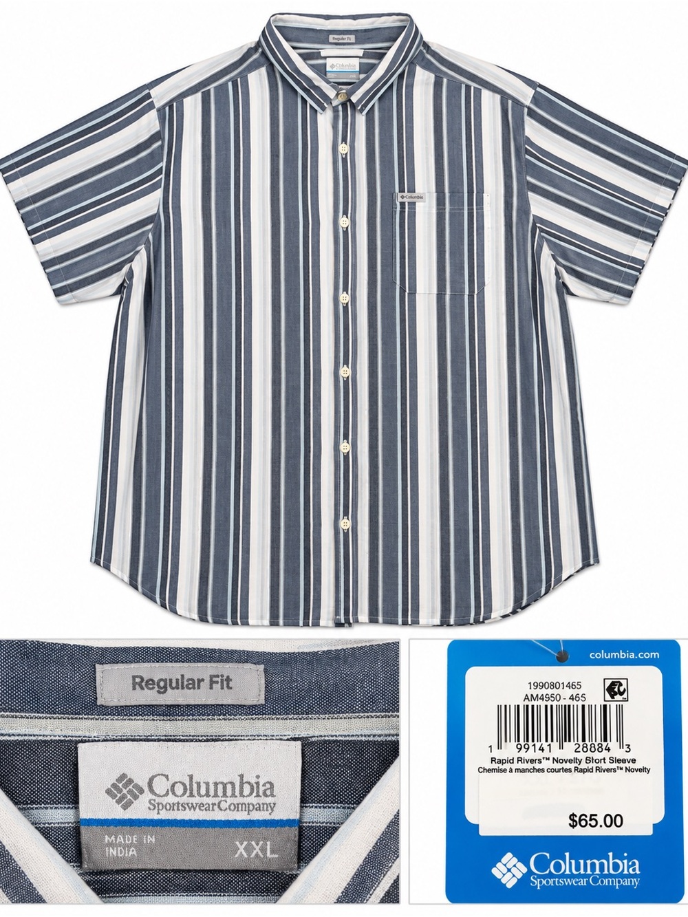 Columbia Men’s Short-Sleeve Button-Up Shirt - Navy and White Stripes